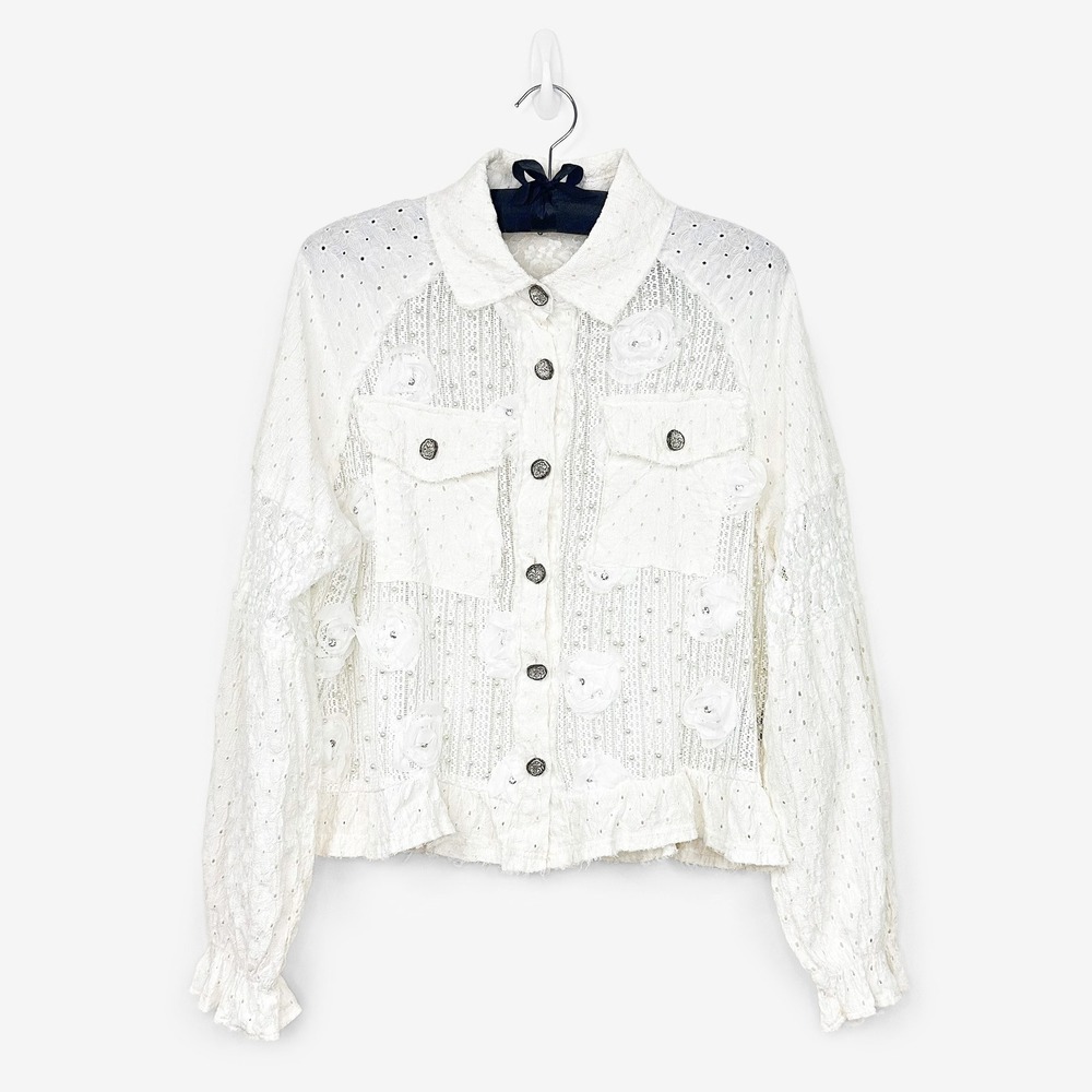 POL Embellished Lace Jacket Size S Floral Applique Mixed Media Boho Artisan